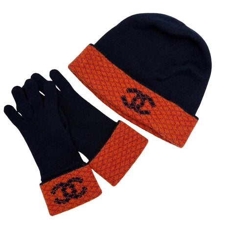 【入荷情報】 CHANEL シャネル GLOVES HAT SET ニット帽 手袋 ２点セット 小物 ネイビー、オレンジ系 中古