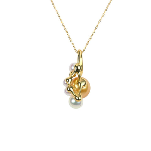 【未使用】K18YG ゴールデンパールペンダントネックレス 9.5mm D0.03ct 45cm
