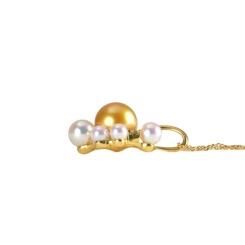 【未使用】K18YG ゴールデンパールペンダントネックレス 9.5mm D0.03ct 45cm
