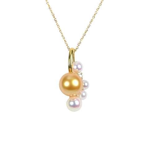 【未使用】K18YG ゴールデンパールペンダントネックレス 9.5mm D0.03ct 45cm
