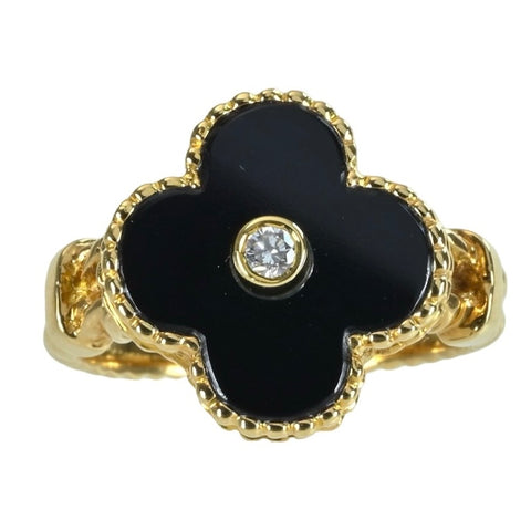 [Pre-owned] Van Cleef & Arpels K18YG Vintage Alhambra Onyx Ring, Older Model, 4.9g, Size 49 (US 4.75)