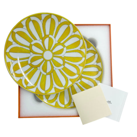[Unused] Hermes Soleil d'Hermès Dessert Plate No. 2, Set of 2, Tableware/Accessories, White/Yellow, Porcelain, Unused (Ex-display)