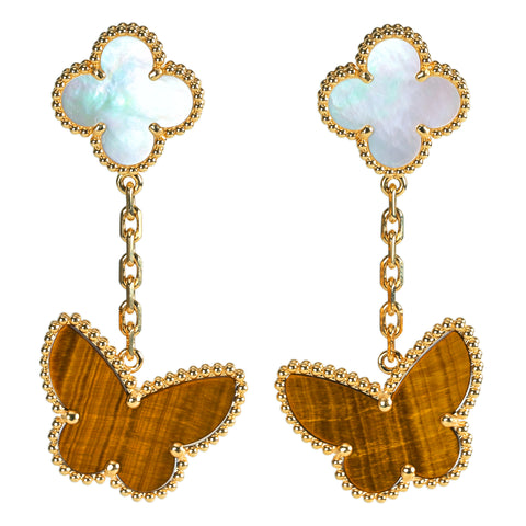 【新品未使用品】Van Cleef ＆ Arpels ヴァンクリーフ＆アーペル Lucky Alhambra Papillon 2 motifs ラッキーアルハンブラ 2モチーフイヤリング K18YG マザーオブパール/タイガーアイピアス 13.6g