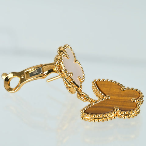 【新品未使用品】Van Cleef ＆ Arpels ヴァンクリーフ＆アーペル Lucky Alhambra Papillon 2 motifs ラッキーアルハンブラ 2モチーフイヤリング K18YG マザーオブパール/タイガーアイピアス 13.6g