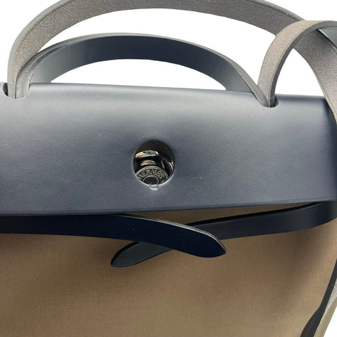 [Pre-owned] Hermes Herbag Zip 31 PM Shoulder Bag, Stamp A (2017), Brown/Blue, Toile Officier/Leather, Pre-owned
