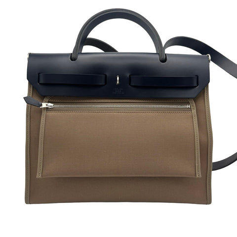 [Pre-owned] Hermes Herbag Zip 31 PM Shoulder Bag, Stamp A (2017), Brown/Blue, Toile Officier/Leather, Pre-owned