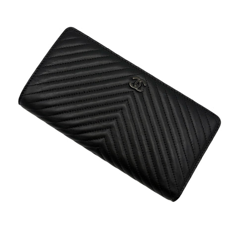 [Pre-owned] CHANEL So Black V-Stitch Long Wallet, Black Lambskin, Pre-owned
