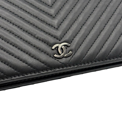 [Pre-owned] CHANEL So Black V-Stitch Long Wallet, Black Lambskin, Pre-owned