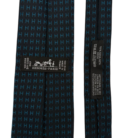 【新品未使用】 Hermes エルメス ネクタイ H織りタイ ファソネ H 小物 ブラック×ブルー系 シルク100% 新品未使用