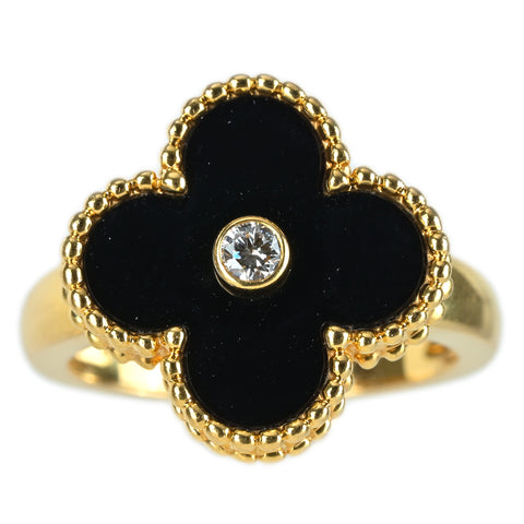 【Usado】Van Cleef & Arpels K18YG VINTAGE ALHAMBRA Anillo de ónix y diamantes #47 con caja y tarjeta, 5.3g