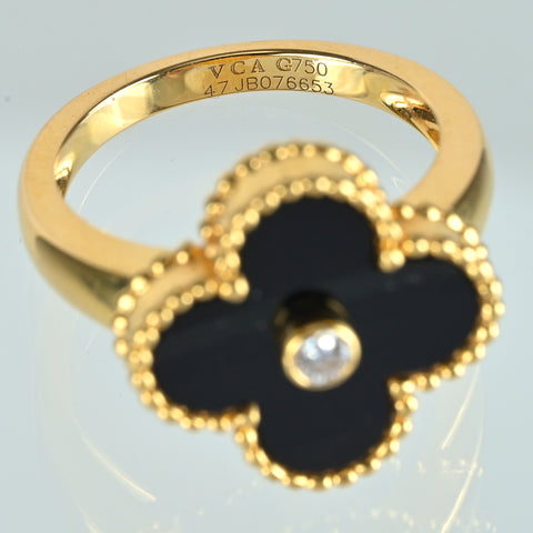 【Usado】Van Cleef & Arpels K18YG VINTAGE ALHAMBRA Anillo de ónix y diamantes #47 con caja y tarjeta, 5.3g
