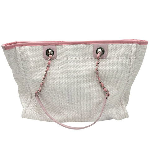 【Excelente estado】 CHANEL Deauville Tote Bag, línea 21 (2015-2016), blanco/rosa, lona/cuero, seminuevo, bolso.