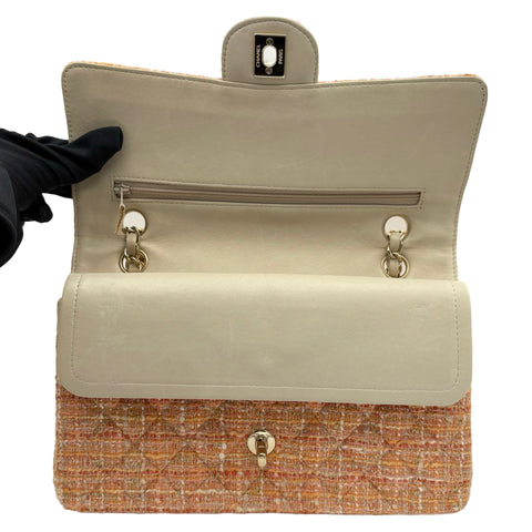 [Pre-owned] CHANEL Matelasse Tweed Double Flap Shoulder Bag, 10-series (2006), Orange Tweed, Used Bag