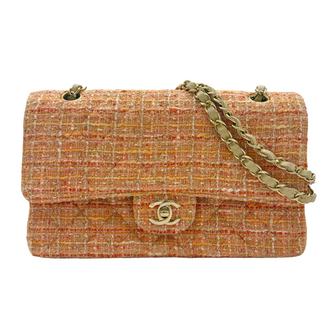 [Pre-owned] CHANEL Matelasse Tweed Double Flap Shoulder Bag, 10-series (2006), Orange Tweed, Used Bag
