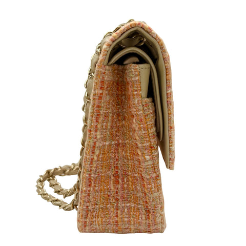 [Pre-owned] CHANEL Matelasse Tweed Double Flap Shoulder Bag, 10-series (2006), Orange Tweed, Used Bag