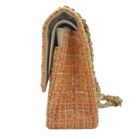 [Pre-owned] CHANEL Matelasse Tweed Double Flap Shoulder Bag, 10-series (2006), Orange Tweed, Used Bag