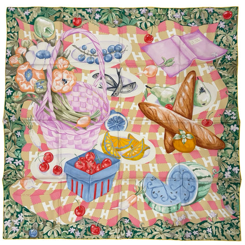 [Brand New] Hermes Carre 90 "Carré en Boucle" Spring/Summer 2025 Collection Scarf Accessory Green / Yellow / Mauve 100% Silk Brand New SILK 100%