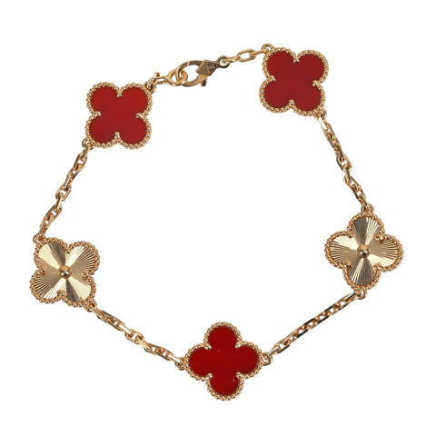 [Unused] Van Cleef & Arpels 18K Rose Gold Vintage Alhambra Bracelet, 5 Motifs, Carnelian, 14.4g