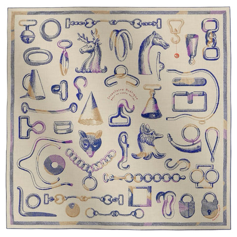 【Brand New】Hermes Carré Géant "Inventaire poétique du sellier" Accessories Natural/Indigo/Violet 70% Cashmere, 30% Silk Scarf 2025 Spring/Summer Collection Brand New