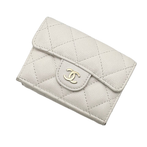 [Pre-owned] CHANEL Compact Wallet, White, Caviar Skin, Pre-owned, WHITE CAVIARSKIN