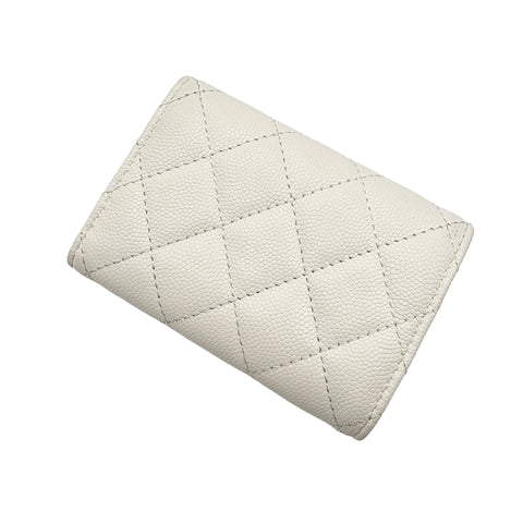 [Pre-owned] CHANEL Compact Wallet, White, Caviar Skin, Pre-owned, WHITE CAVIARSKIN