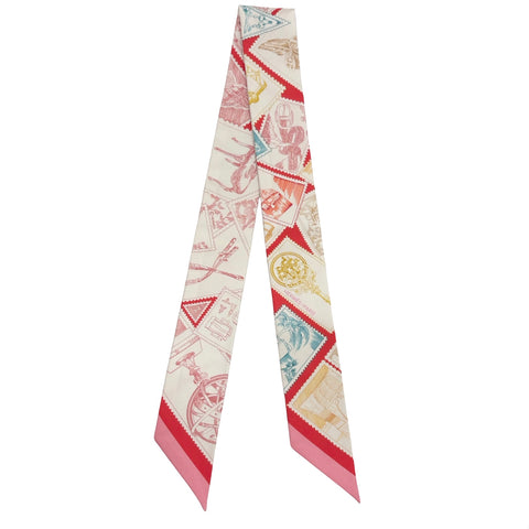 【A estrenar】 Hermes Hermès "Faubourg Stamp Collectors" Twilly Rosa/Rojo/Multicolor 100% Seda A estrenar