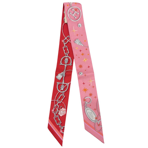 【Brand New】 Hermes "C'est la Fête" Twilly Rose Bonbon/Orange/Red 100% Silk Brand New