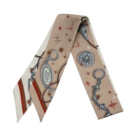 [Brand New/Unused] Hermès Twilly "C'est la Fête" Beige Rosé / Caramel / Blanc, 100% Silk, Brand New/Unused