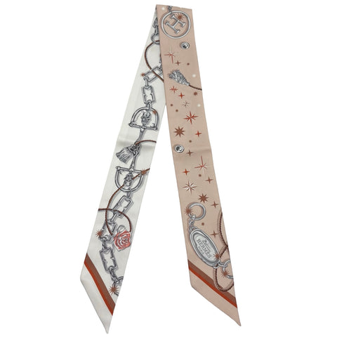 [Brand New/Unused] Hermès Twilly "C'est la Fête" Beige Rosé / Caramel / Blanc, 100% Silk, Brand New/Unused