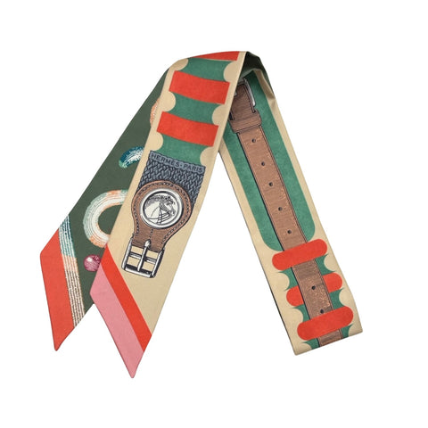 [Brand New] Hermes "Brides de Gala / Poetic Inventory" Twilly, Beige/Corail/Green, 100% Silk, Brand New