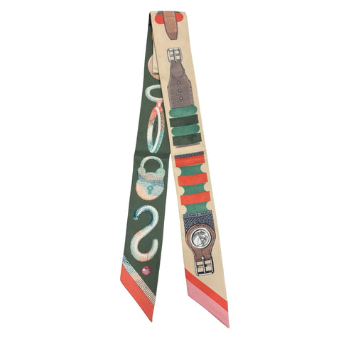 [Brand New] Hermes "Brides de Gala / Poetic Inventory" Twilly, Beige/Corail/Green, 100% Silk, Brand New