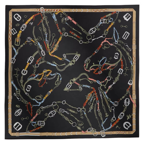 [Brand New] Hermes Carre 90 "Chevaux Deshenes" Accessory Black / Khaki / Gray 100% Silk Brand New
