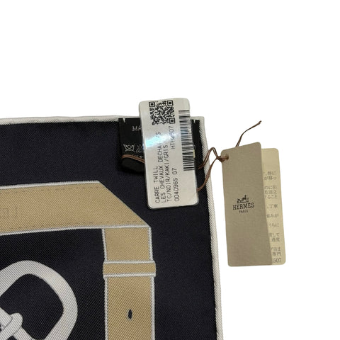 [Brand New] Hermes Carre 90 "Chevaux Deshenes" Accessory Black / Khaki / Gray 100% Silk Brand New
