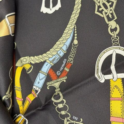 [Brand New] Hermes Carre 90 "Chevaux Deshenes" Accessory Black / Khaki / Gray 100% Silk Brand New