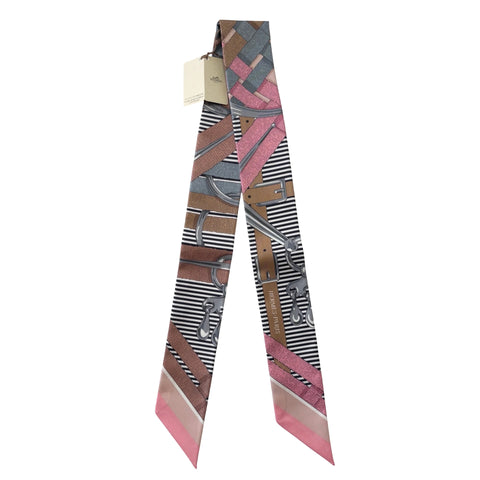 [Brand New] Hermes Twilly "Mors à Jouets Chemise" Twilly Vieux Rose / Grey / Camel 100% Silk Brand New
