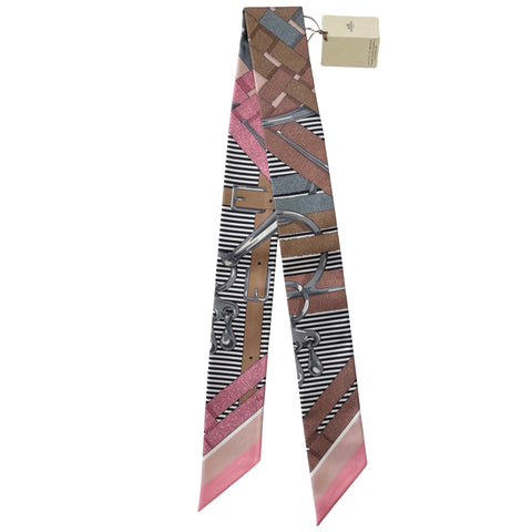 [Brand New] Hermes Twilly "Mors à Jouets Chemise" Twilly Vieux Rose / Grey / Camel 100% Silk Brand New