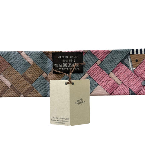 [Brand New] Hermes Twilly "Mors à Jouets Chemise" Twilly Vieux Rose / Grey / Camel 100% Silk Brand New