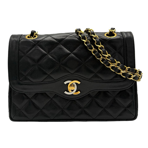 【中古】CHANEL シャネル PARIS LIMITED MATELASSE  DOUBLE FLAP パリ限定 マトラッセ ダブルフラップ ショルダーバッグ 1番台(1990年) ブラック ラムスキン ヴィンテージ 中古 USED バッグ