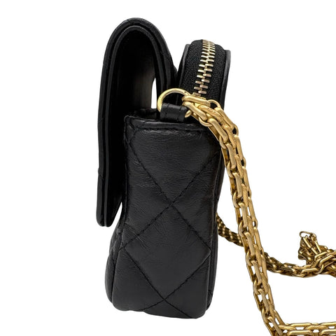 【美品】 CHANEL シャネル MINI CHAIN SHOULDER BAG ミニチェーンショルダーバッグ チェーンウォレット ランダム番(2021年~) ブラック ラムスキン 中古 USED バッグ