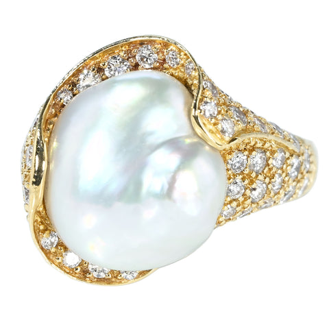 【中古】 MIKIMOTO ミキモト K18YG PEARL RING 無核白蝶（ケシ）パールリング 13.5~14.2mm D1.31ct 14.2g #13 鑑別カード BOX