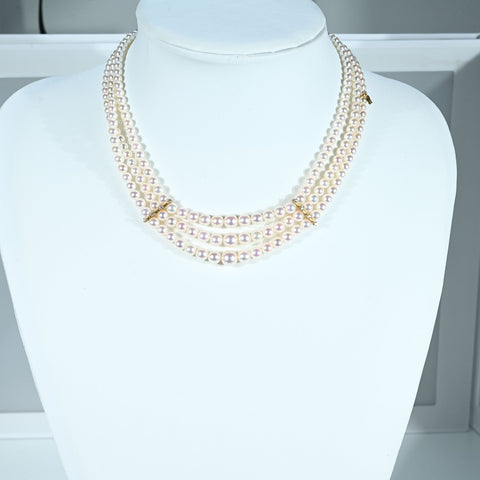 【中古】MIKIMOTO ミキモトK18YG AKOYA PEARL NECKLACE アコヤパール3連ネックレス 40cm 42.4g 保存袋  ONE PRICE