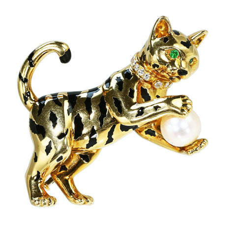 【中古】CARTIER  カルティエ PEARL BROOCH  K18YG/エナメル パール・エメラルド・ダイヤモンド パンテールキャットブローチ 32.2g