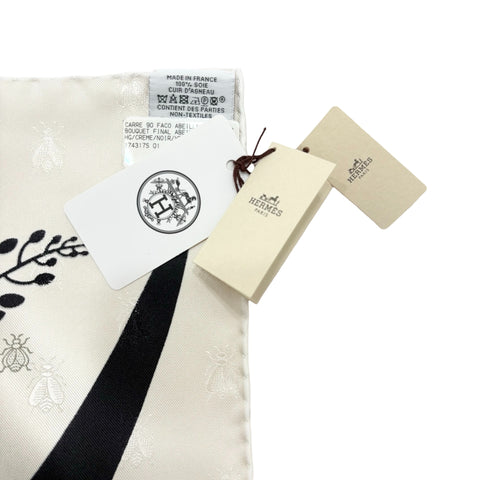 【Brand New】 Hermes Carre 90 "Bouquet Final Abeille" Scarf SCARF Creme/Black/Vermilion 100% Silk Brand New 100% SILK