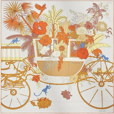 【中古】 Hermes エルメス SCARF カレ 90 《自然と旅》 スカーフ SCARF グリ・ペルル / オランジュ・キュイ / イエロー シルク100％ 新品 100%SILK