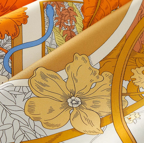 【中古】 Hermes エルメス SCARF カレ 90 《自然と旅》 スカーフ SCARF グリ・ペルル / オランジュ・キュイ / イエロー シルク100％ 新品 100%SILK