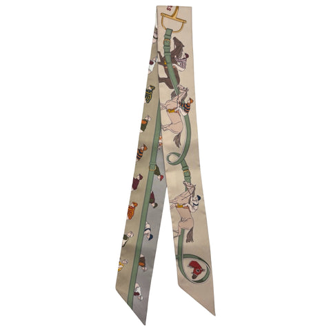 [Brand New] Hermes Twilly "Horse Racing" Accessory, Beige Clair / Vert Amande / Brown, 100% Silk, Brand New