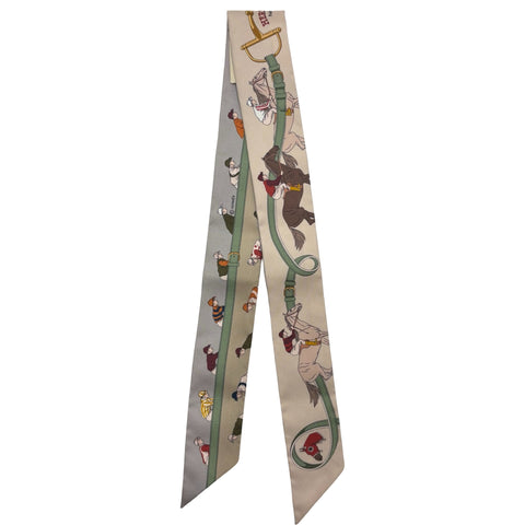 [Brand New] Hermes Twilly "Horse Racing" Accessory, Beige Clair / Vert Amande / Brown, 100% Silk, Brand New