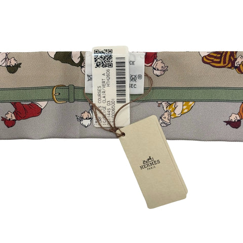[Brand New] Hermes Twilly "Horse Racing" Accessory, Beige Clair / Vert Amande / Brown, 100% Silk, Brand New