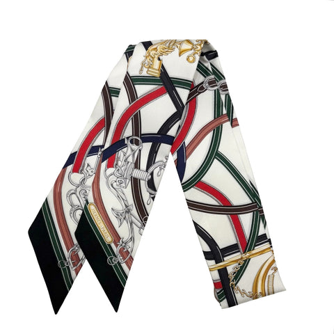 【新品未使用】 Hermes エルメス TWILLY ツイリー 《伝説のハーネス》 小物 白 / ヴェール・ロデン / レッド シルク100％ 新品未使用