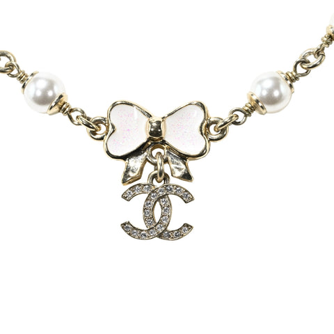 【Used】 CHANEL COCOMARK RIBBON NECKLACE Necklace Gold/White GP/Imitation Pearl Used Sale